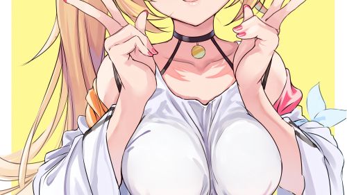 Sexy Anime Girl, Peace Sign, Denim Shorts, Big Tits - Android, iOS - Porn Wallpaper